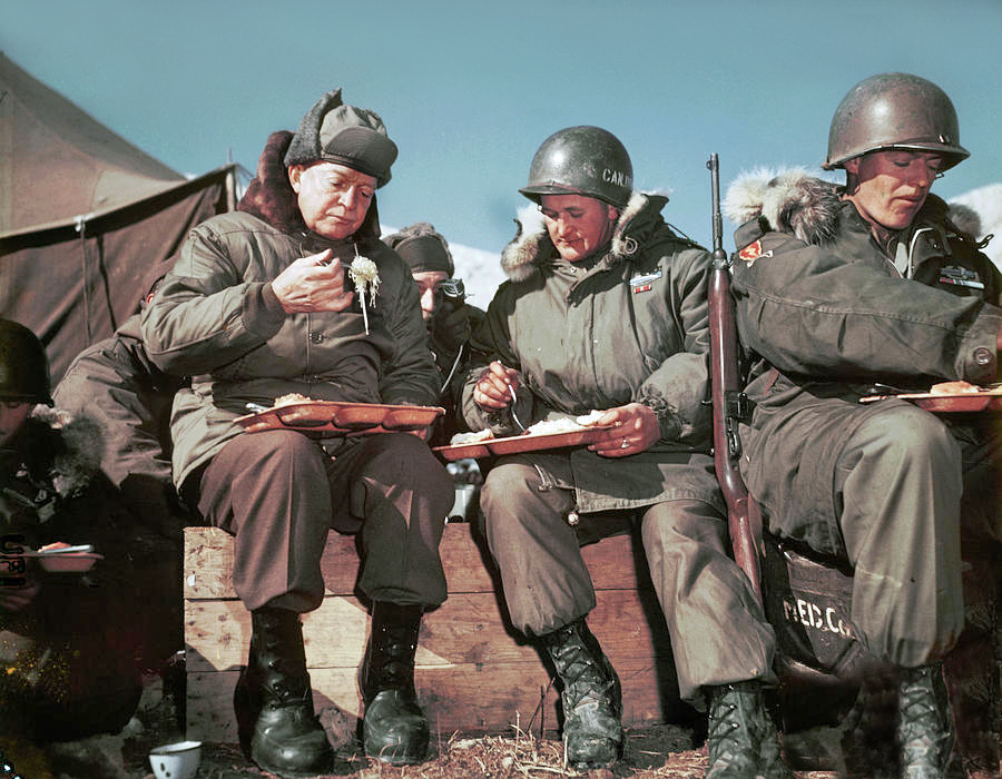 President-elect Eisenhower eating with troops on the Korean peninsula, November 1952.